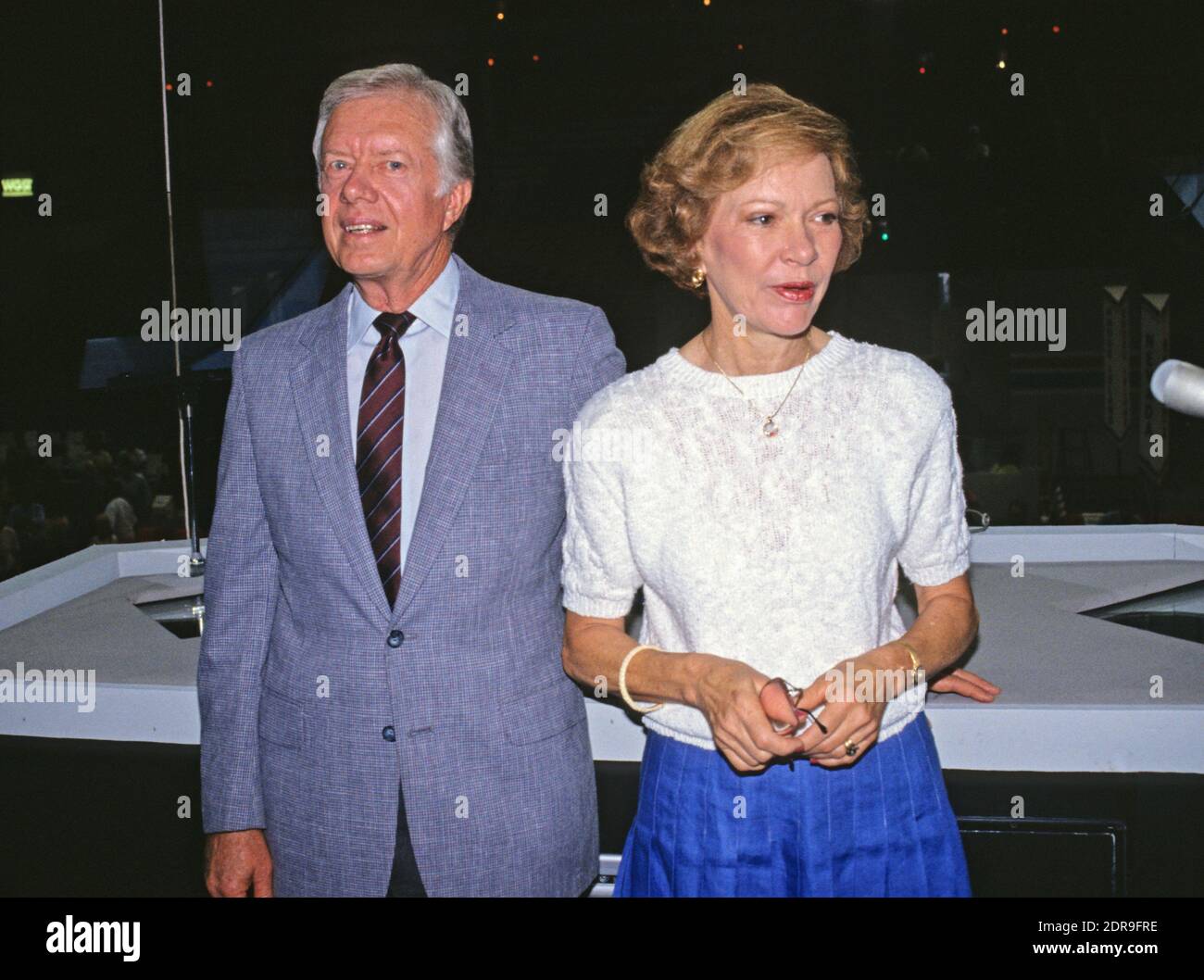Former United States President Jimmy Carter, accompanied by his wife, former first lady Rosalynn Carter, visits the Omni Coliseum in Atlanta, Georgia prior to his addressing the 1988 Democratic National Convention on July 18, 1988. Photo by Arnie Sachs/CNP/ABACAPRESS.COM Stock Photo