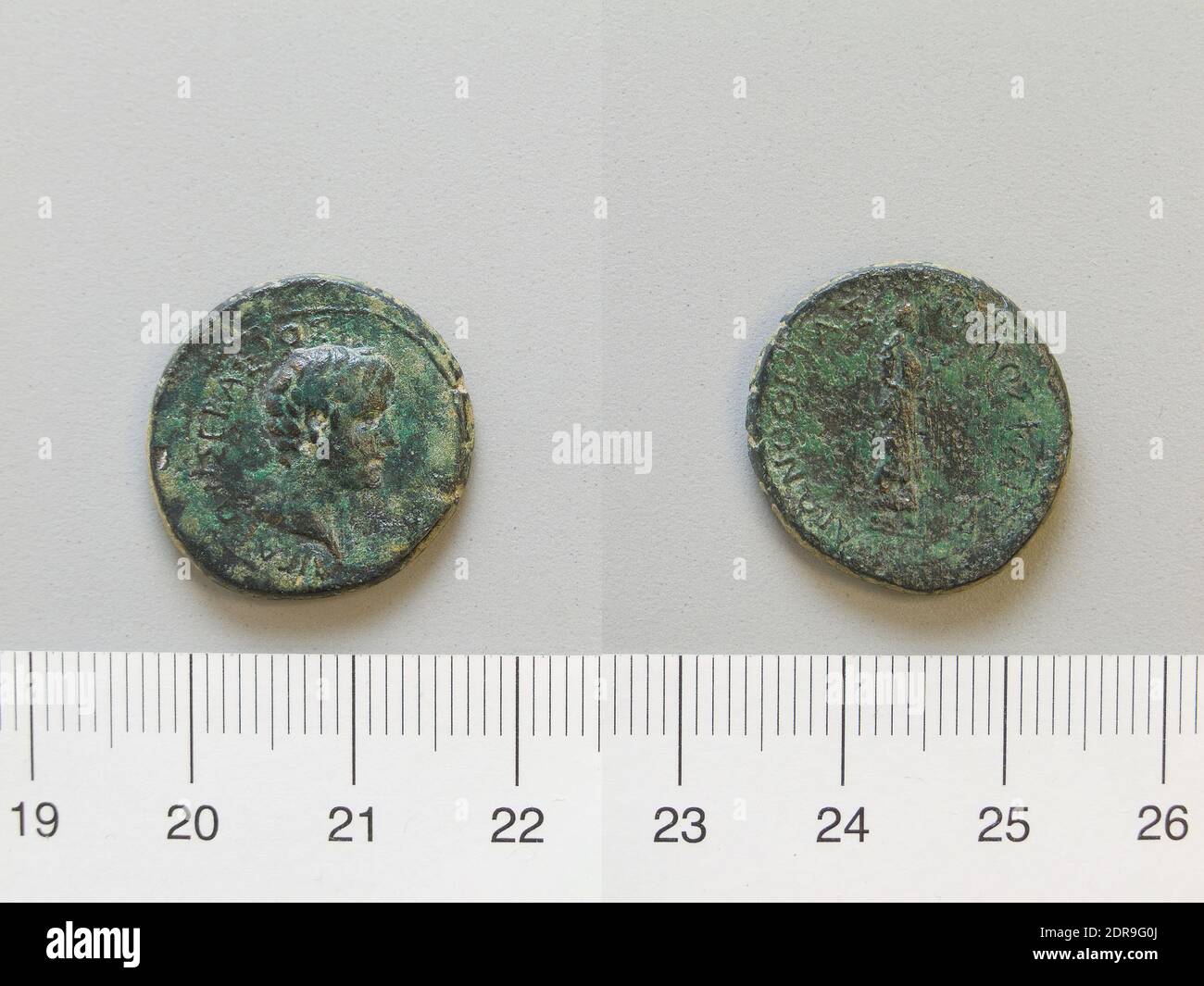 Ruler: Augustus, Emperor of Rome, 63 B.C.–A.D. 14, ruled 27 B.C.–A.D. 14, Mint: Aegae, Coin of Augustus, Emperor of Rome from Aegae, 27 B.C.–A.D. 14, Leaded bronze, 5.57 g, 12:00, 20 mm, Made in Aegae, Macedonia, Greek, 1st century B.C.–1st century A.D., Numismatics, Numismatics Stock Photo