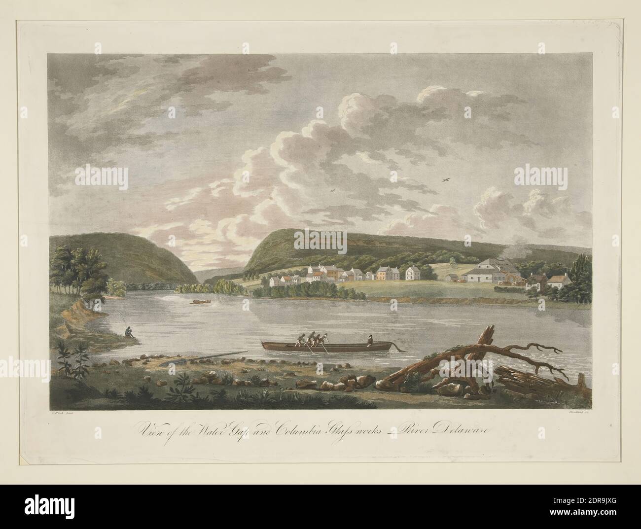 Artist: William Strickland, American, 1788–1854, After: Thomas Birch, American, born England, 1779–1851, View of the Water Gap and Columbian Glassworks, River Delaware, Colored aquatint. Pasted flat on cardboard., 41.6 × 56.5 cm (16 3/8 × 22 1/4 in.), Made in United States, American, 19th century, Works on Paper - Prints Stock Photo