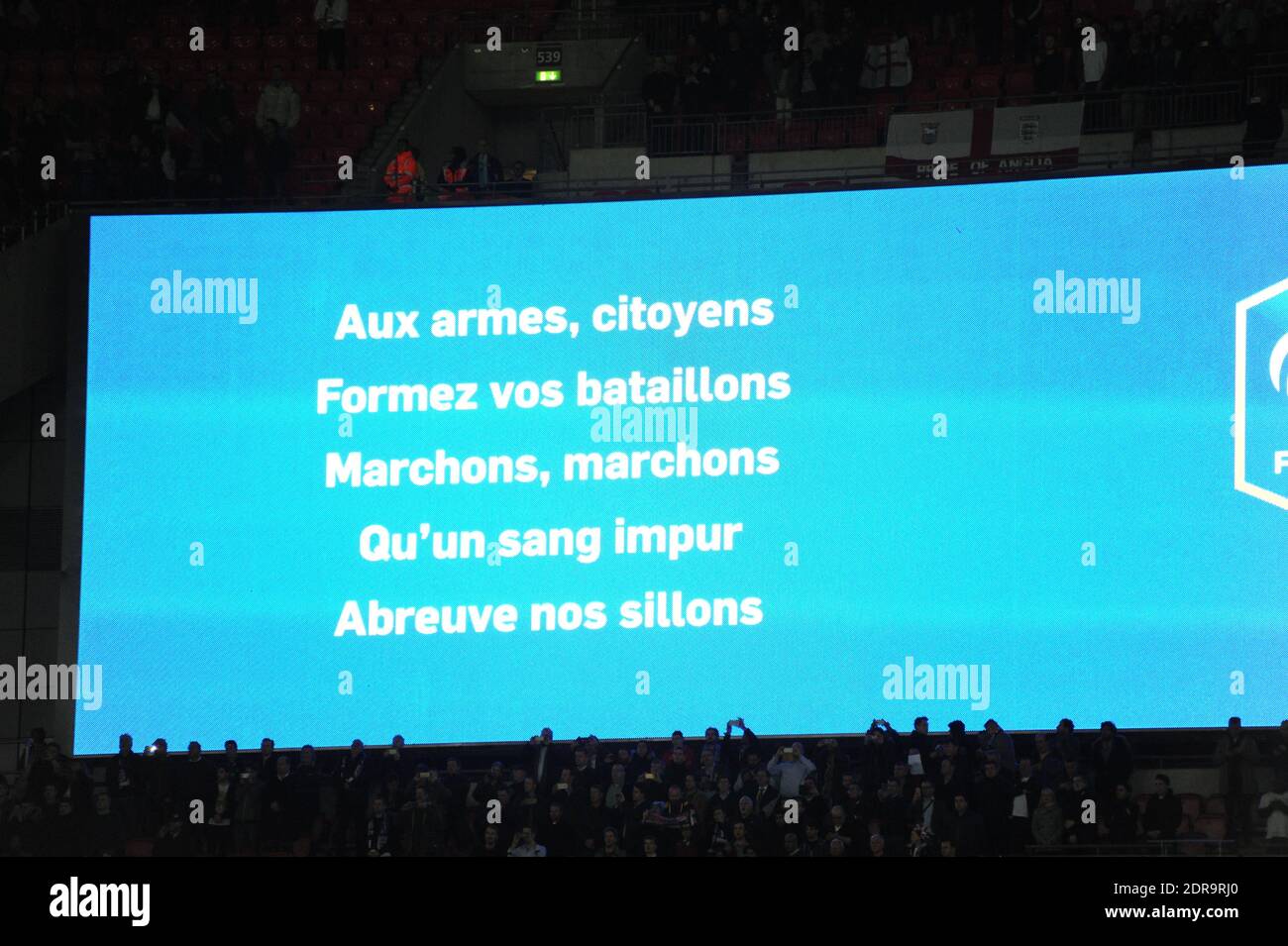 The lyrics of France’s national anthem La Marseillaise are displayed ...