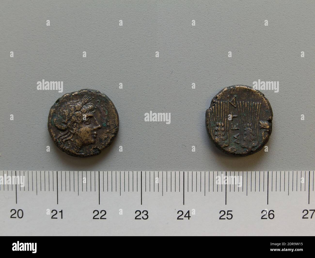 Mint: Metapontum, Fraction from Metapontum, 250–200 B.C., Bronze, 4.67 g, 9:00, 17 mm, Made in Metapontum, Lucania, Greek, 3rd century B.C., Numismatics Stock Photo