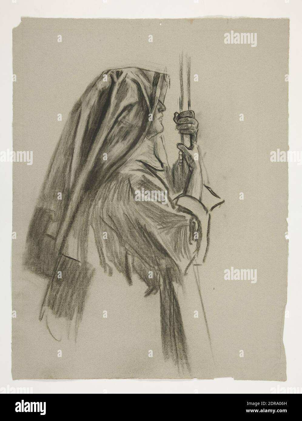 Artist: Edwin Austin Abbey, American, 1852–1911, M.A., 1897, Figure study for the Knighting of Sir Galahad, from The Quest of the Holy Grail (a series of 15 paintings for the Boston Public Library, completed in 1901), Black chalk, Light brown laid, 61.7 × 47 cm (24 5/16 × 18 1/2 in.), Made in United States, American, 19th century, Works on Paper - Drawings and Watercolors Stock Photo