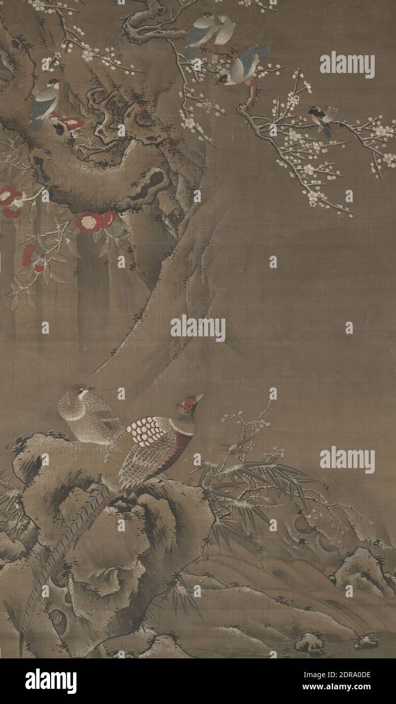 Birds and Flowers of Early Spring, late 15th–early 16th century, Hanging scroll, ink and color on silk, without mounting: 61 1/8 × 36 3/4 in. (155.2 × 93.3 cm), The touches of melting snow on the branches, bamboo leaves, and plum flowers situate this painting at the turn of the seasons. Both bamboo and plum serve as symbols of renewal in Chinese literature and art, as well as metaphors for the upright character of scholars. The quails in the foreground are joined by five lively birds nestled among the blossoming branches., China, Chinese, Ming dynasty (1368–1644), Paintings Stock Photo