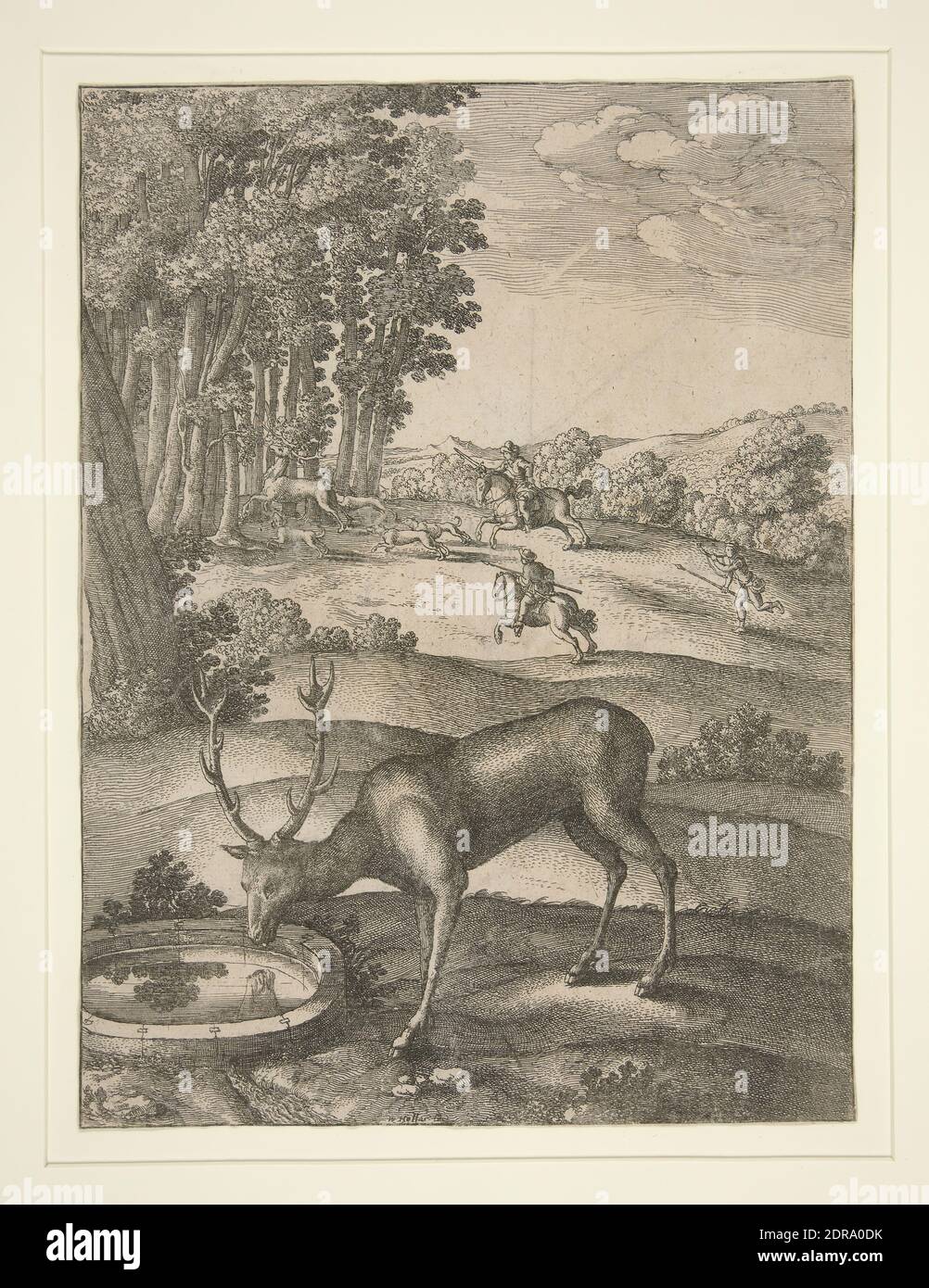 Artist: Wenceslaus Hollar, Bohemian, 1607–1677, Der Hirsch (The Stag), from the series Kleinere Kupfer zum Aesop (Small Copperplates for Aesop), Etching, sheet: 25.5 × 17.3 cm (10 1/16 × 6 13/16 in.), Made in Bohemia, Czech Republic, Bohemian, 17th century, Works on Paper - Prints Stock Photo