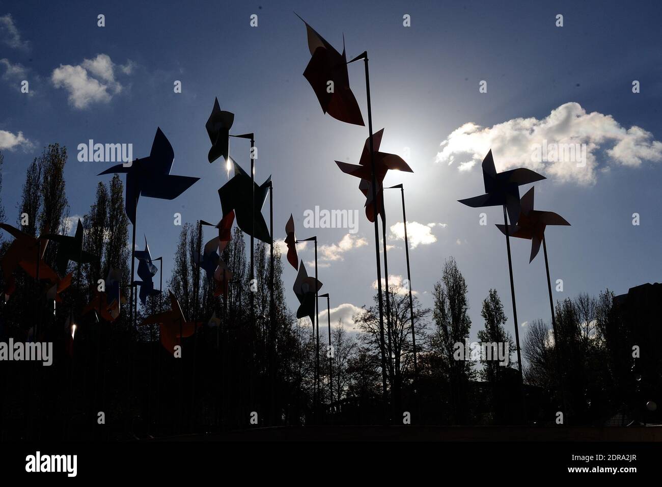 Windmill papers are displayed in Paris a week before the 21st session of the Conference of the Parties to the United Nations Framework Convention on Climate Change (COP 21 / CMP 11), which will take place in Paris from November 30 to December 11, 2015. Shot in Paris, France on November 22, 2015. Photo by Aurore Marechal/ABACAPRESS.COM Stock Photo