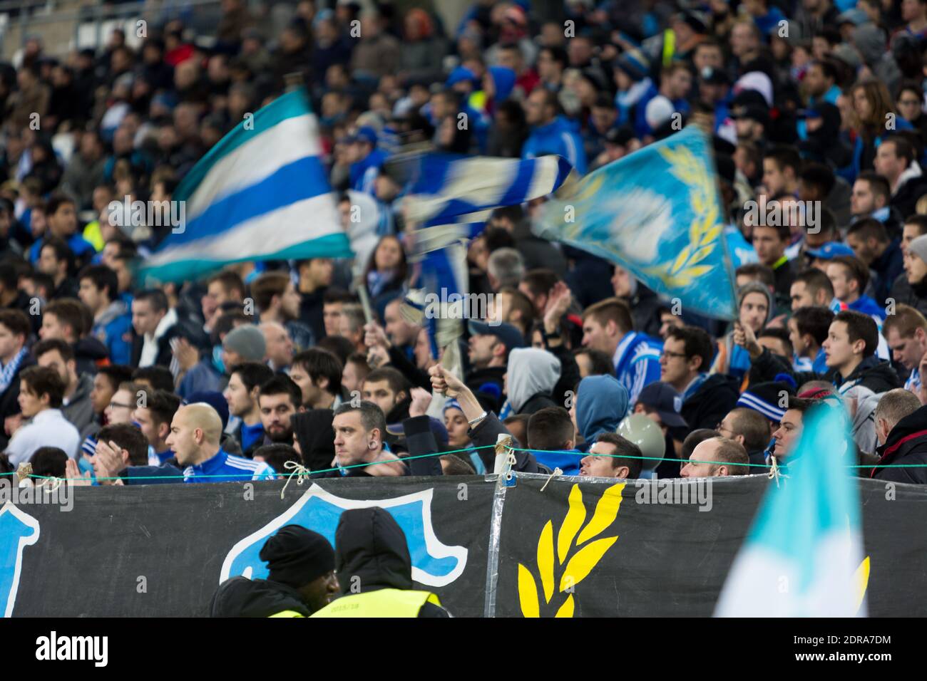 Marseille's fans during the UEFA Europa League Group F soccer match, Olympique de Marseille Vs FC Groningen at Stade Vélodrome in Marseille, France on November 27th, 2015. Photo by Guillaume Chagnard/ABACAPRESS.COM Stock Photo