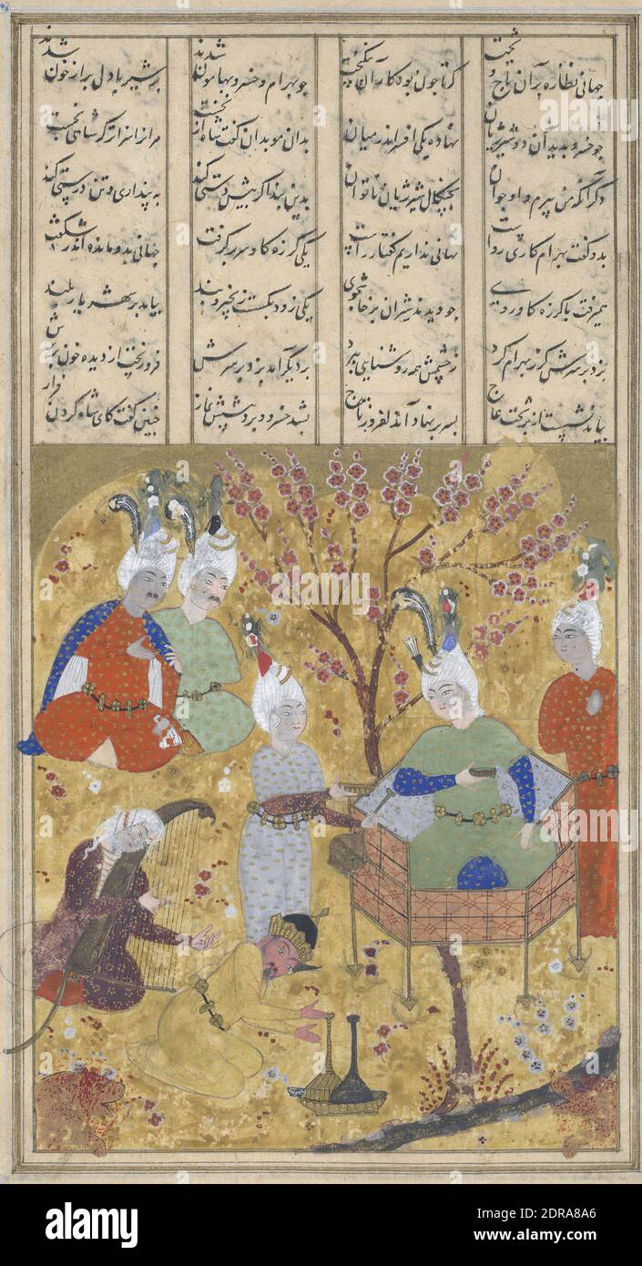 Bahram Gur Enthroned after Killing Two Lions, from a Book of Kings (Shahnama) manuscript, ca. 1540, Ink, opaque watercolor, and gold on paper, image: 7 3/4 × 4 3/16 in. (19.7 × 10.7 cm), Famous for his love of hunting and music, Bahram Gur (r. 420–38 C.E.) was the fifteenth king of the Sasanian Empire, which controlled the greater Iranian region until the advent of Islam. Also popular for abolishing taxes, Bahram Gur features in the Book of Kings (Shahnama) and elsewhere in Persian literature., Iranian/Persian, Islamic, Safavid dynasty (1501–1722), Paintings Stock Photo