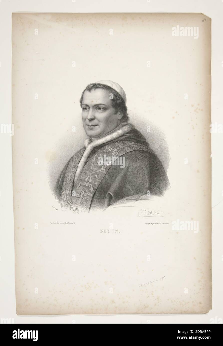 Artist: Zéphirin Félix Jean Marius Belliard, French, 1798–1843, Portrait of  Pius IX, Lithograph after Galafre, Sheet: 50 × 33 cm (19 11/16 × 13in.), French, 19th century, Works on Paper - Prints Stock Photo