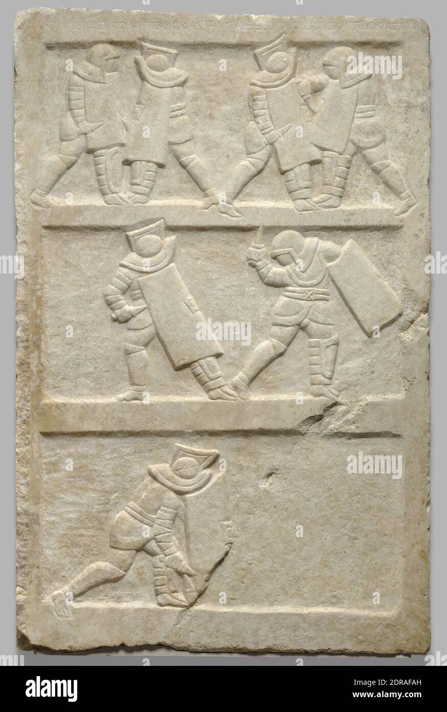 Relief with Gladiators, ca. 2nd century A.D., Marble, 122.6 × 80.2 × 6.2 cm (48 1/4 × 31 9/16 × 2 7/16 in.), Gladiatorial games originated as funerary rites in which the deceased was celebrated through physical competitions. For this reason, relief depictions of gladiatorial combat were sometimes used as grave markers—probably not for gladiators themselves, but for those whose lives such games may have commemorated. The games were particularly popular during the Roman Empire; in fact, most of the known funerary depictions of gladiators are Imperial in date. Stock Photo