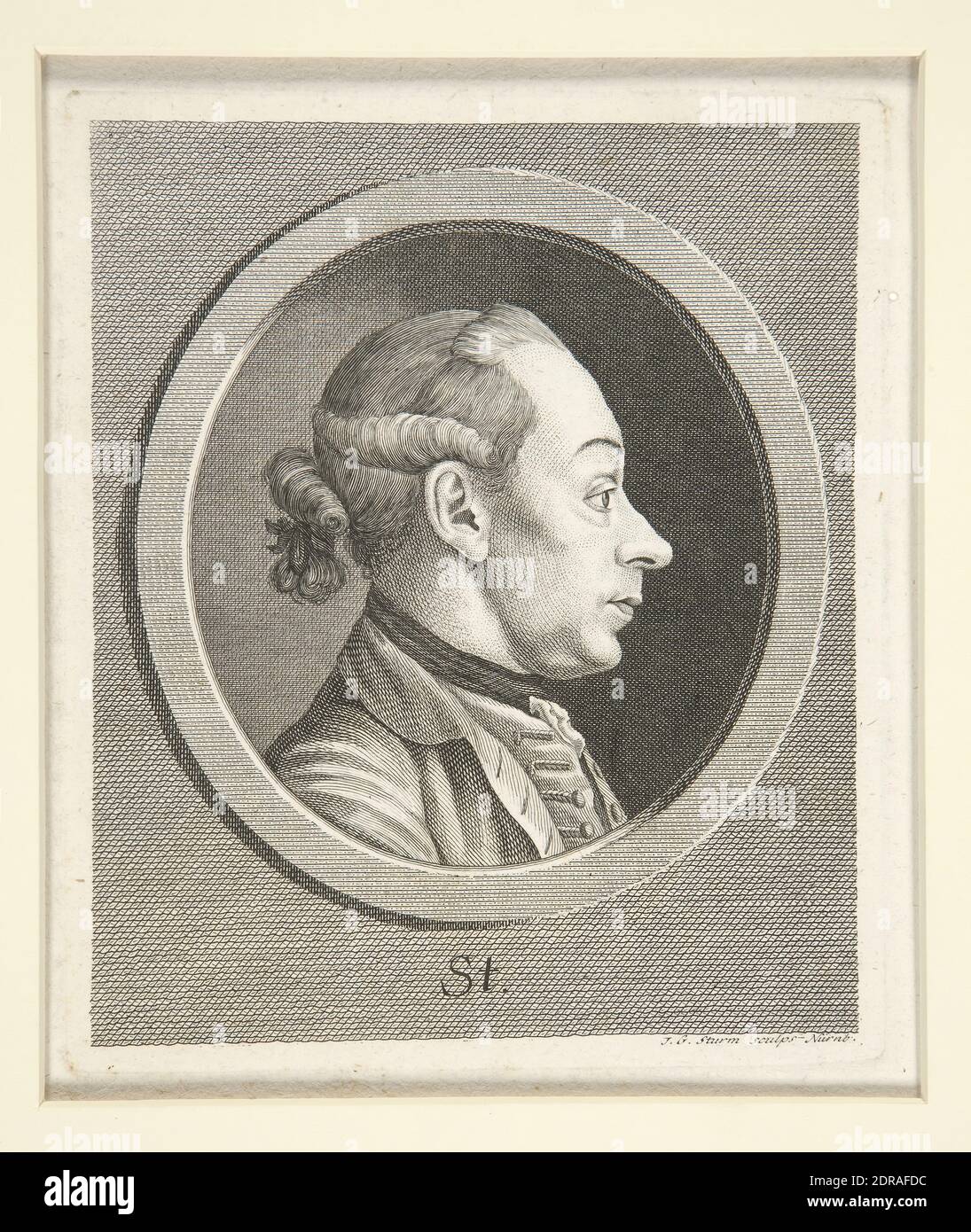 Artist: Johann Georg Sturm, German, 1742–1793, Portrait of a saint., late 18th Century, Engraving, platemark: 14.7 × 12.2 cm (5 13/16 × 4 13/16 in.), Made in Germany, German, 18th century, Works on Paper - Prints Stock Photo