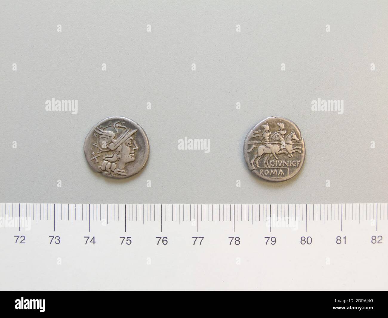 Mint: Rome, Magistrate: C. IVNI C.F., Denarius from Rome, 149 B.C., Silver, 3.87 g, 3:00, 18 mm, Made in Rome, Italy, Roman, 2nd century B.C., Numismatics Stock Photo