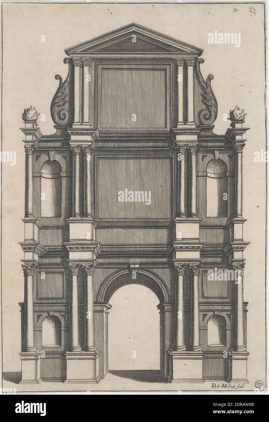 Artist: D. De Mallery, French,, Architectural Design: Facade with Corinthian Columns, 17th century, Engraving, image: 25.5 × 17.4 cm (10 1/16 × 6 7/8 in.), French, possibly 17th century, Works on Paper - Prints Stock Photo