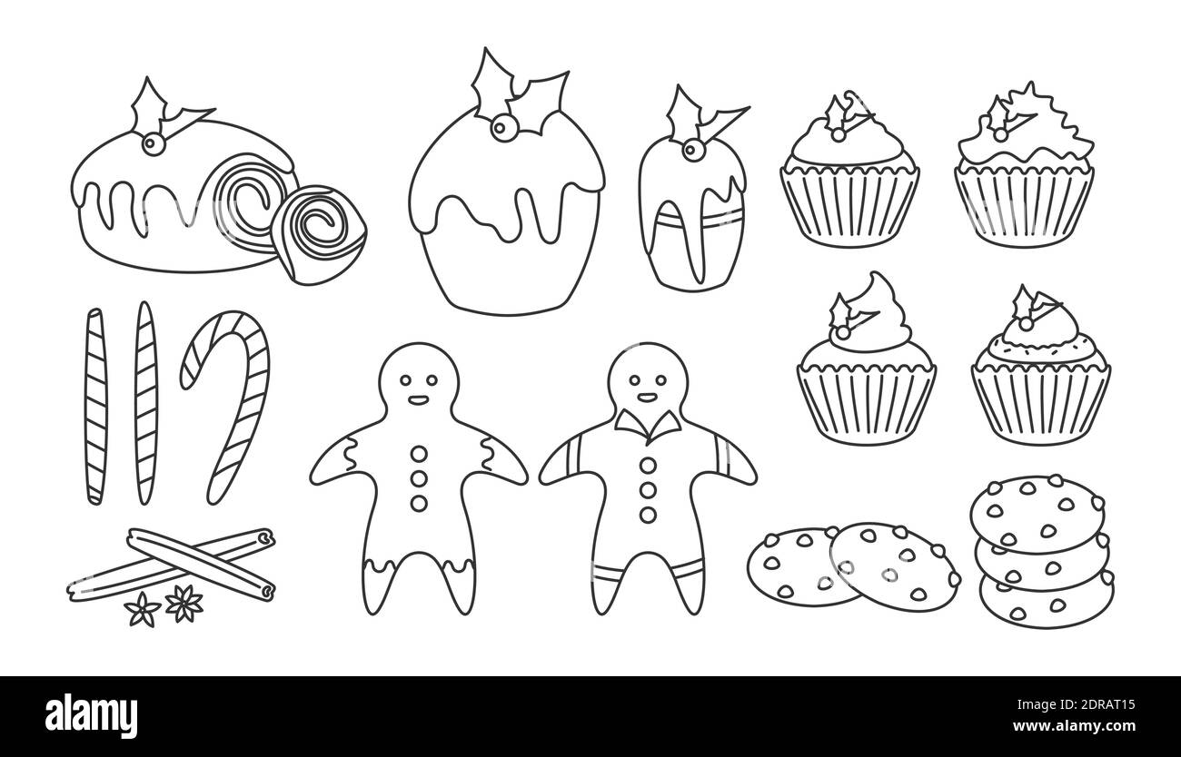 Christmas sweet food linear set. Winter dessert. Traditional treat pudding, cupcake, gingerbread man. Pastry as symbol New Year holiday. Tasty celebration snack. Isolated on white vector illustration. Stock Vector
