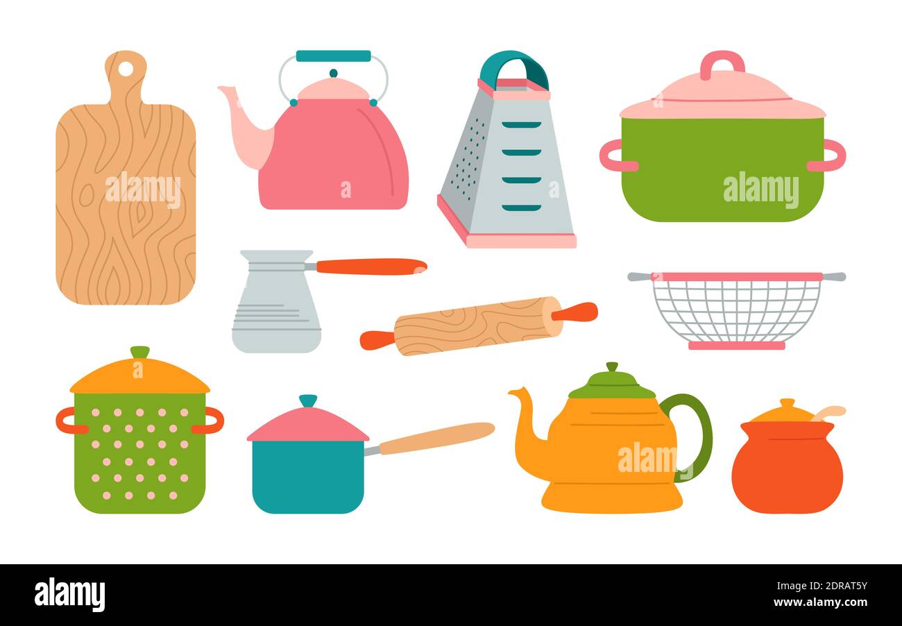 Kitchen utensils cartoon style set, pot kettle, rolling pin and grater