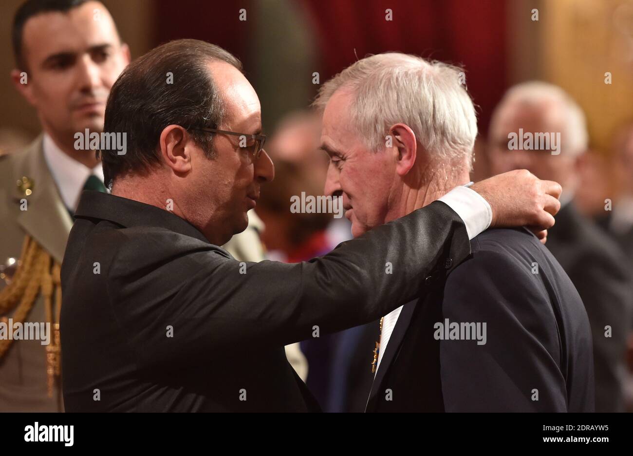 French President Francois Hollande awards French climatologist Jean Jouzel during a ceremony to award personalities devoted to climate issues and sustainable development, at the Elysee Palace in Paris, France on December 9, 2015. Photo by Christian Liewig/ABACAPRESS.COM Stock Photo