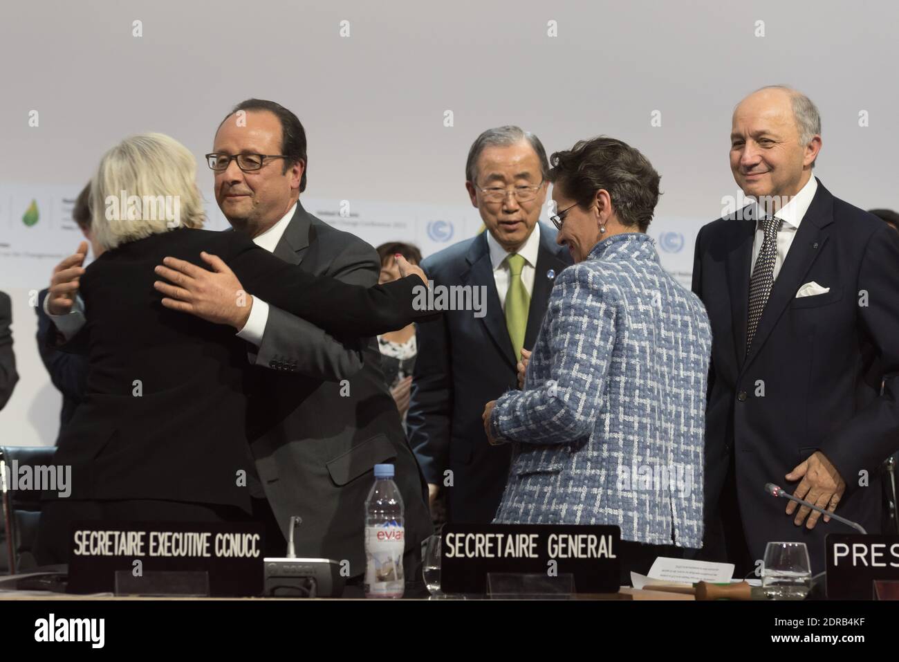 (L-R) French Ambassador for the international Climate Negotiations Responsible for COP21 Laurence Tubiana, French President Francois Hollande, UN Secretary-General Ban Ki-moon, Executive Secretary of the United Nations Framework Convention on Climate Change (UNFCCC) Christiana Figueres and French Foreign Affairs Minister and President-designate of COP21 Laurent Fabius during the adoption of a historic global warming pact as part of the COP21 Climate Change Conference at Le Bourget, near Paris, France on December 13, 2015. Photo by Jacques Witt/Pool/ABACAPRESS.COM Stock Photo