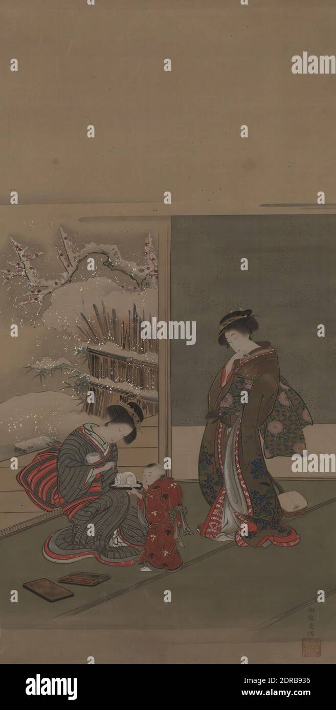 Artist: Isoda Koryūsai, Japanese, active ca. 1764–88, Courtesans’ Diversions on a Snowy Day, late 18th century, Hanging scroll, ink and color on silk, without mounting: 27 3/16 × 13 3/4 in. (69 × 35 cm), Japan, Japanese, Edo period (1615–1868), Paintings Stock Photo
