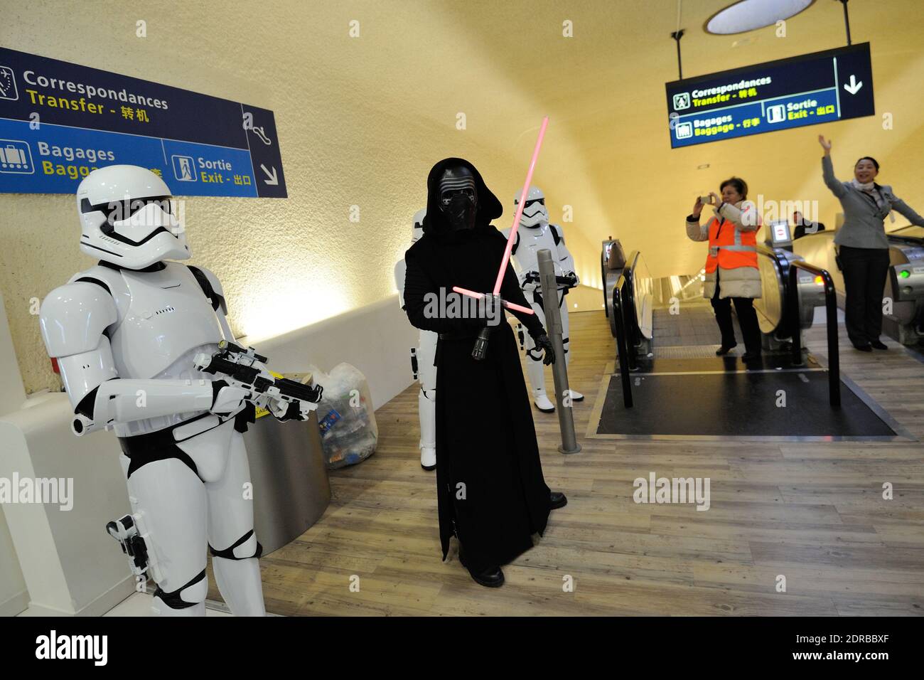 Arrival of the chartered flight specially themed R2-D2' ANA JET at  Roissy-Charles de Gaulle airport in Roissy near Paris, France on December  21, 2015. ANA, Japan's largest airline, has designed three Star