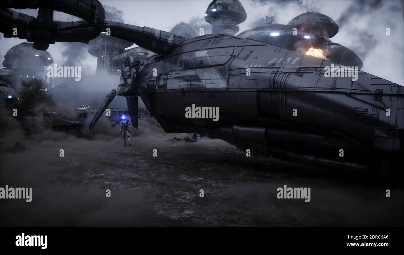 Futuristic sci fi ship take wing. Military robot. Apocalypse city. 3d  rendering Stock Photo - Alamy