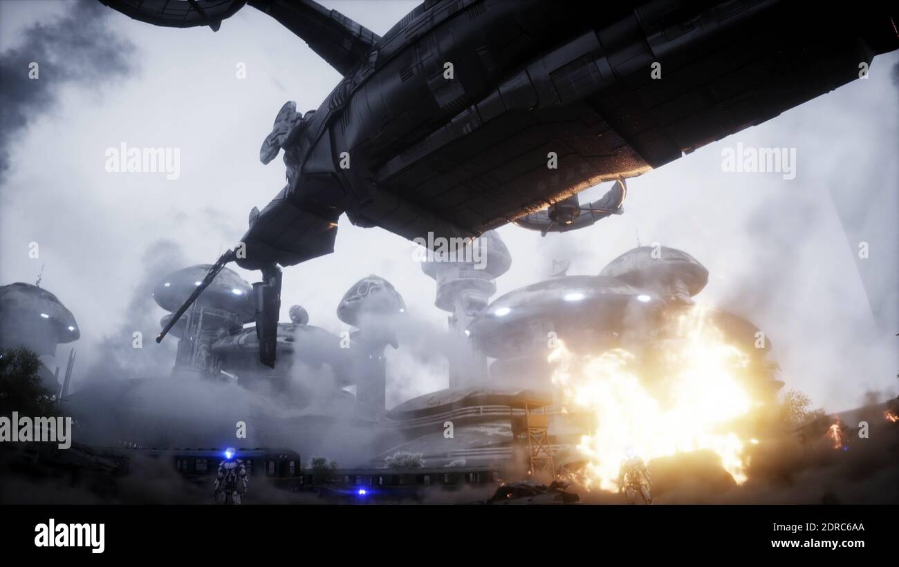 Futuristic sci fi ship take wing. Military robot. Apocalypse city. 3d  rendering Stock Photo - Alamy