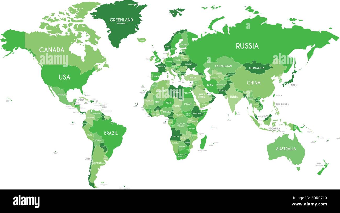 Political World Map vector illustration with different tones of green for each country. Editable and clearly labeled layers. Stock Vector