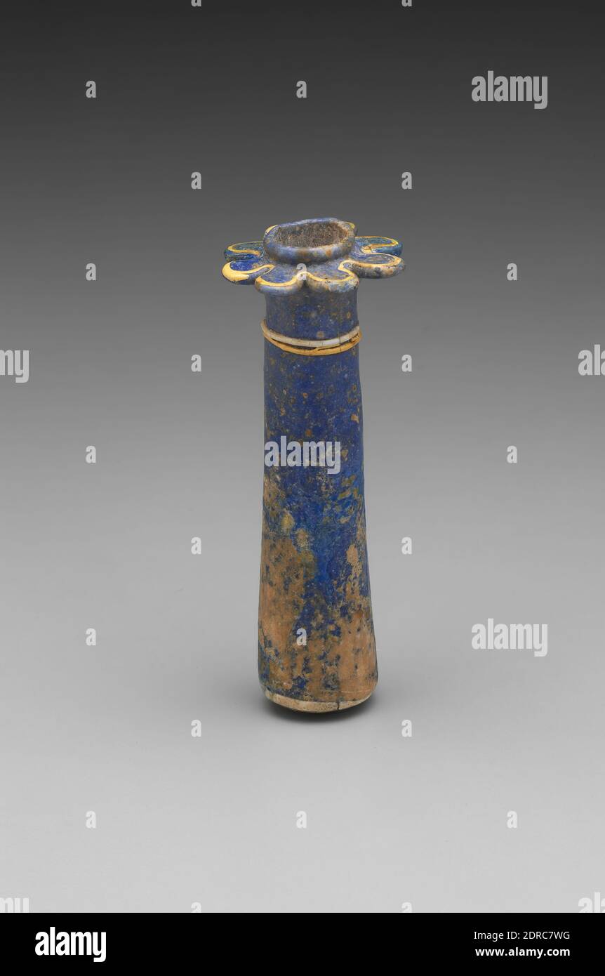 Palm Column flask, Core-formed glass, blue, 8.5 × 1.5 cm (3 3/8 × 9/16 in.), Egyptian, New Kingdom, late Dynasty 18–19, Containers - Glass Stock Photo