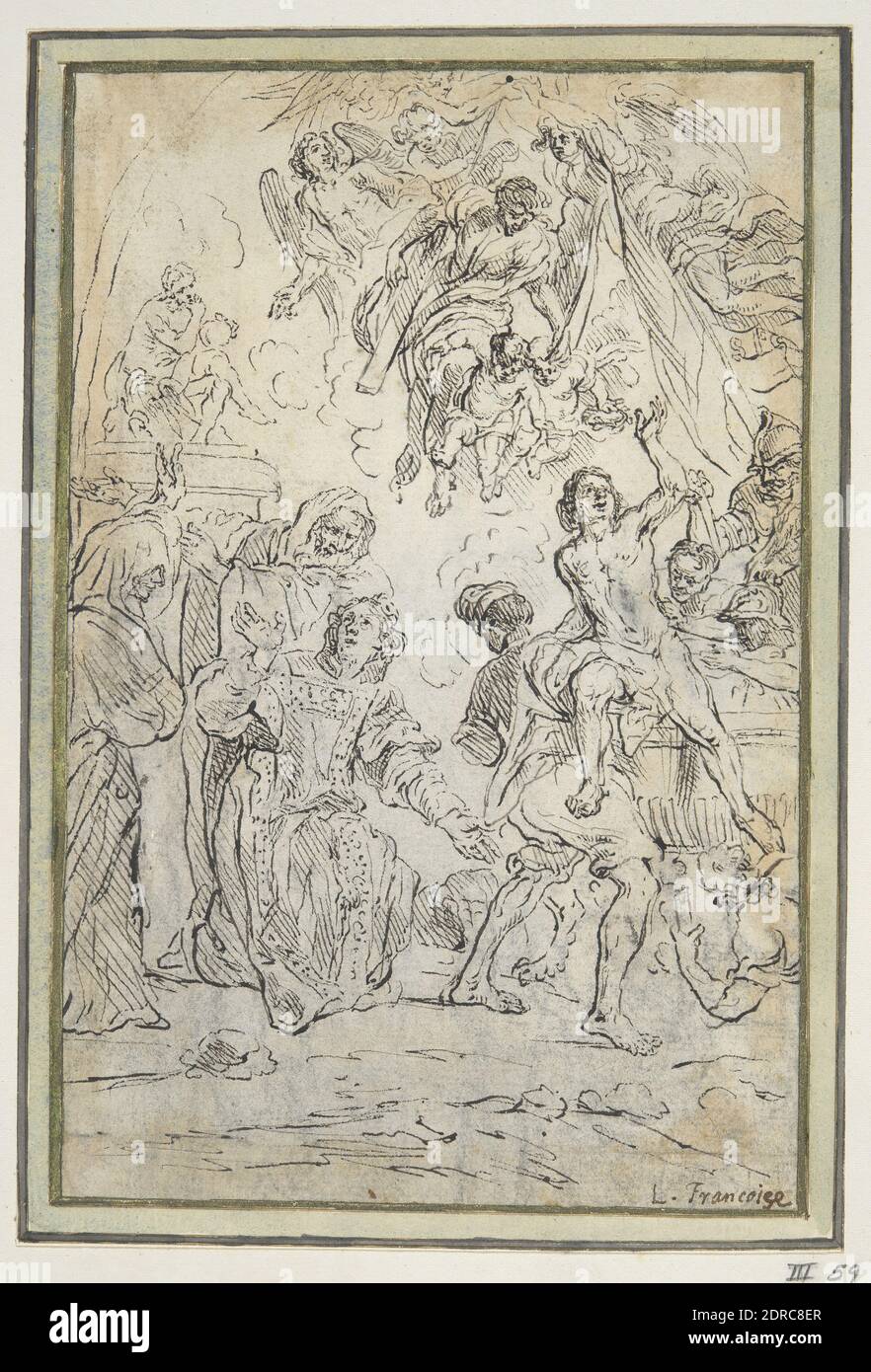 After: Lucas Franchoys, Flemish, 1616–1681, Martydom of St. John the Baptist and St. Lawrence, Pen and dark brown ink over drawing in black chalk, Sheet: 17 × 10.9 cm (6 11/16 × 4 5/16in.), Made in Flanders, Flemish, 17th century, Works on Paper - Drawings and Watercolors Stock Photo