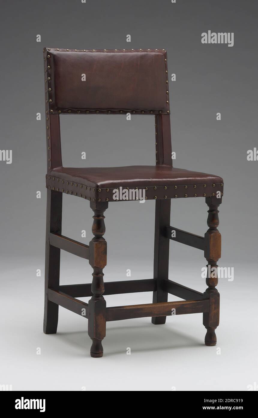 Side Chair, Maple, oak, leather, 37 1/8 × 18 × 15 3/16 in. (94.3 × 45.7 × 38.5 cm), Turkie work, serge, and leather chairs are recorded, often in sets of six, in seventeenth- and early eighteenth-century estates of well-to-do New Englanders. Turkie work was a fabric woven in imitation of Turkish carpets. Serge was a durable wool furnishing fabric. Leather was widely used for chair seats and backs. Because of the additional costs for such upholstery, these chairs were the most expensive type of seventeenth-century seating furniture., Probably made in New York, American, 17th century Stock Photo
