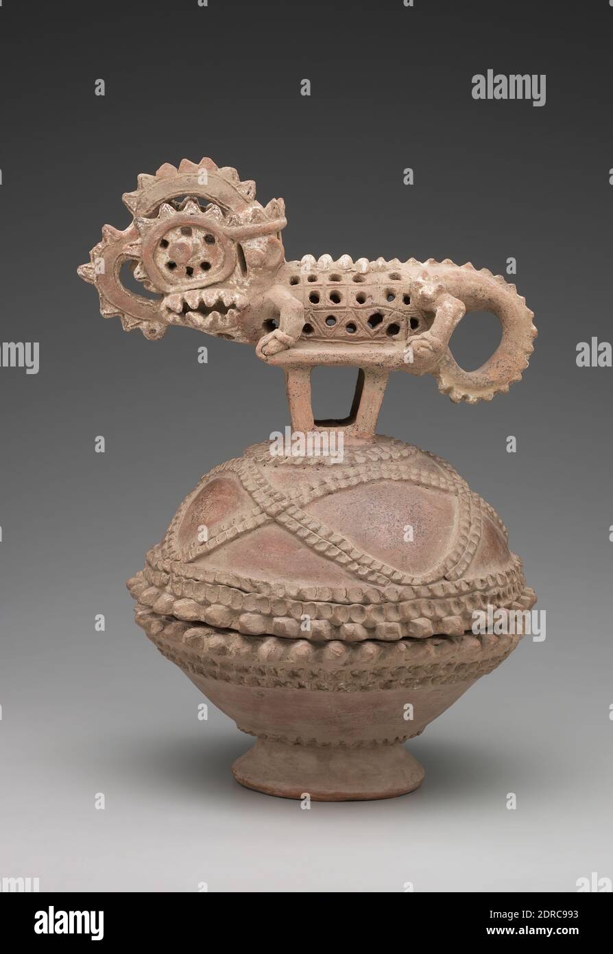 Vessel and Lid with Fantastic Reptile, Ceramic, Bowl or base: 12.1 cm (4 3/4 in.), Plumes of smoke enveloped the snarling alligator when incense was burned inside this vessel. The artist belted the body of the incensario with appliquéd pellets reminiscent of alligator hide. , Made in Costa Rica, Costa Rica, Guanacaste, Period VI, Containers - Ceramics Stock Photo
