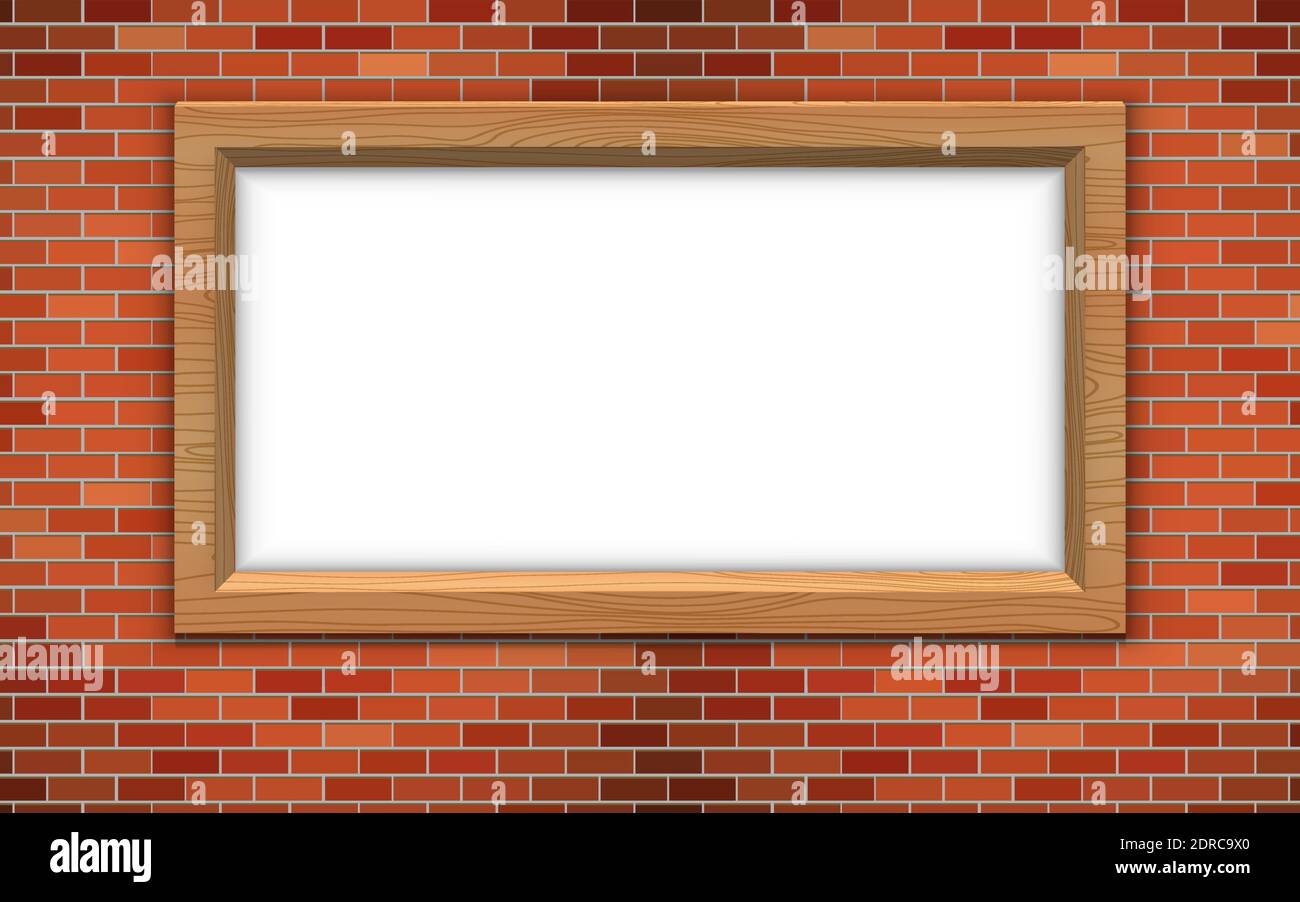 wooden frame on the red brick wall Stock Vector