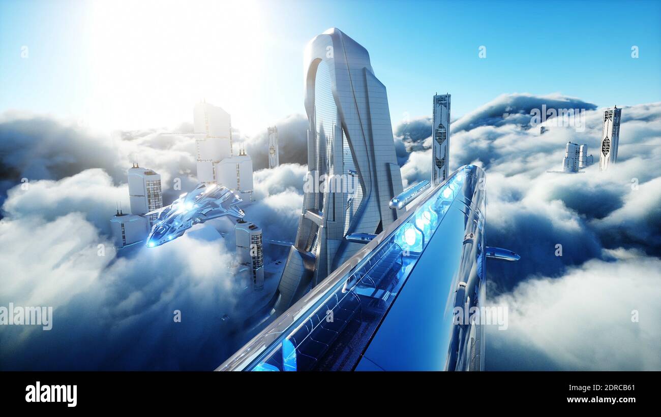 Futuristic sci fi city in clouds. Utopia. concept of the future. Flying  passenger transport. Aerial fantastic view. 3d rendering Stock Photo - Alamy