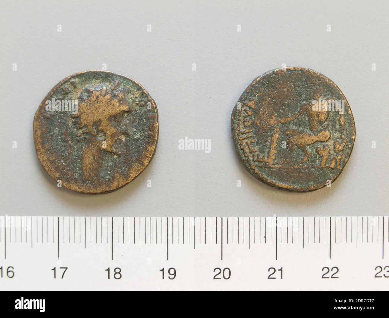 Ruler: Antoninus Pius, Emperor of Rome, A.D. 86–161, ruled A.D. 138–161, Mint: Topirus, Coin of Antoninus Pius, Emperor of Rome from Topirus, 138–61, Copper, 7.32 g, 6:00, 23.60 mm, Made in Tropirus, Greek, 2nd century A.D., Numismatics Stock Photo