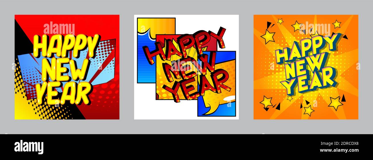 Creative happy new year holiday design card on comic book background ...