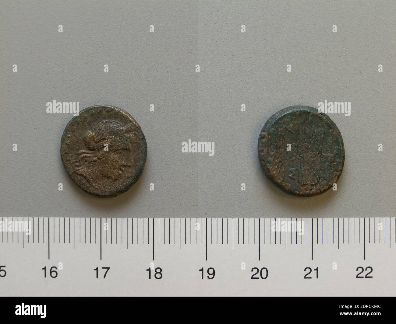 Mint: Metapontum, Fraction from Metapontum, 250–200 B.C., Bronze, 4.21 g, 17 mm, Made in Metapontum, Lucania, Greek, 3rd century B.C., Numismatics Stock Photo