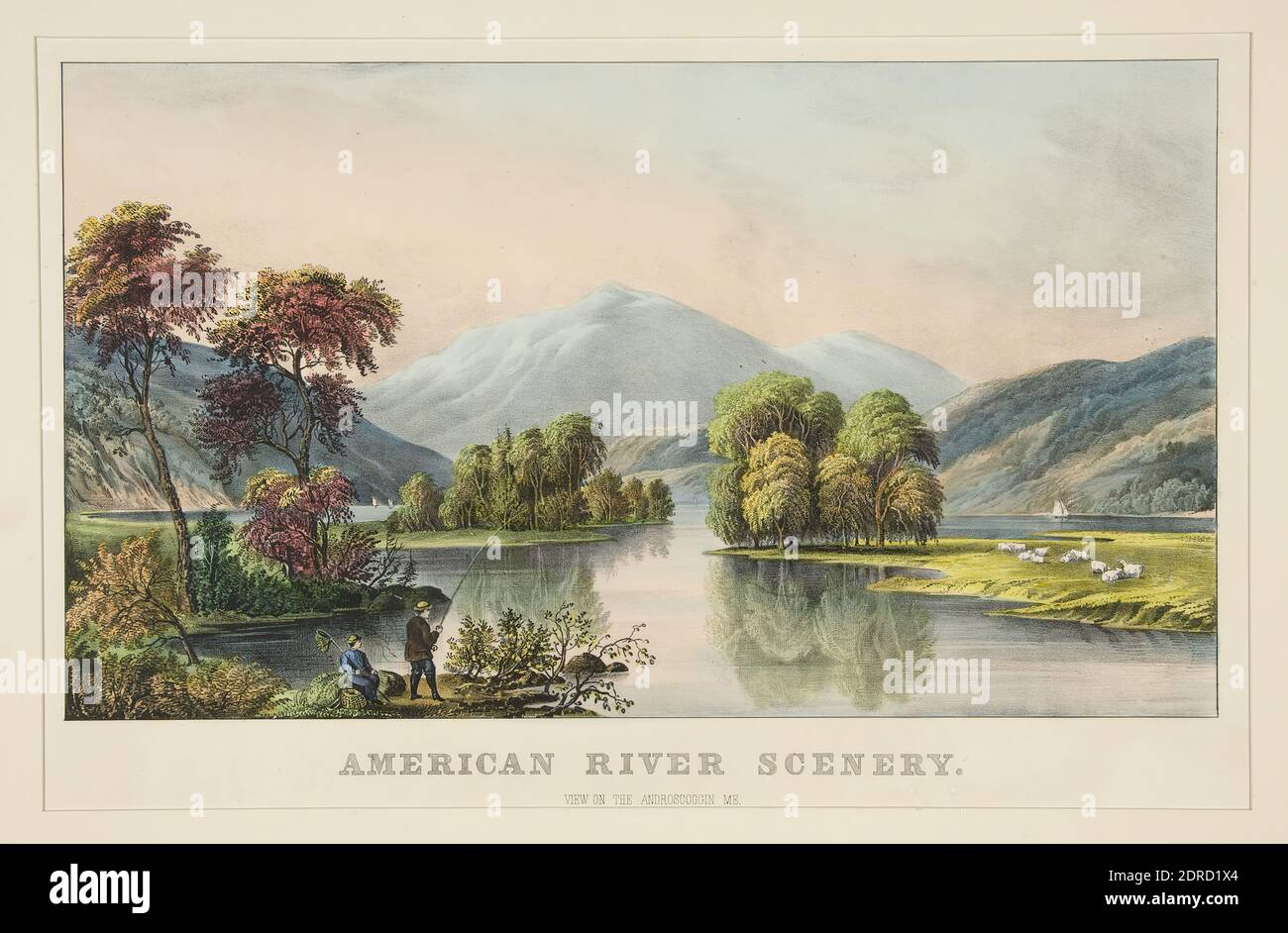 Lithographer: Unknown, Publisher: Currier &amp; Ives, American, active 1834–1907, American River Scenery, Lithograph, hand colored, Sheet: 37.5 × 53.7 cm (14 3/4 × 21 1/8 in.), Made in United States, American, 19th century, Works on Paper - Prints Stock Photo