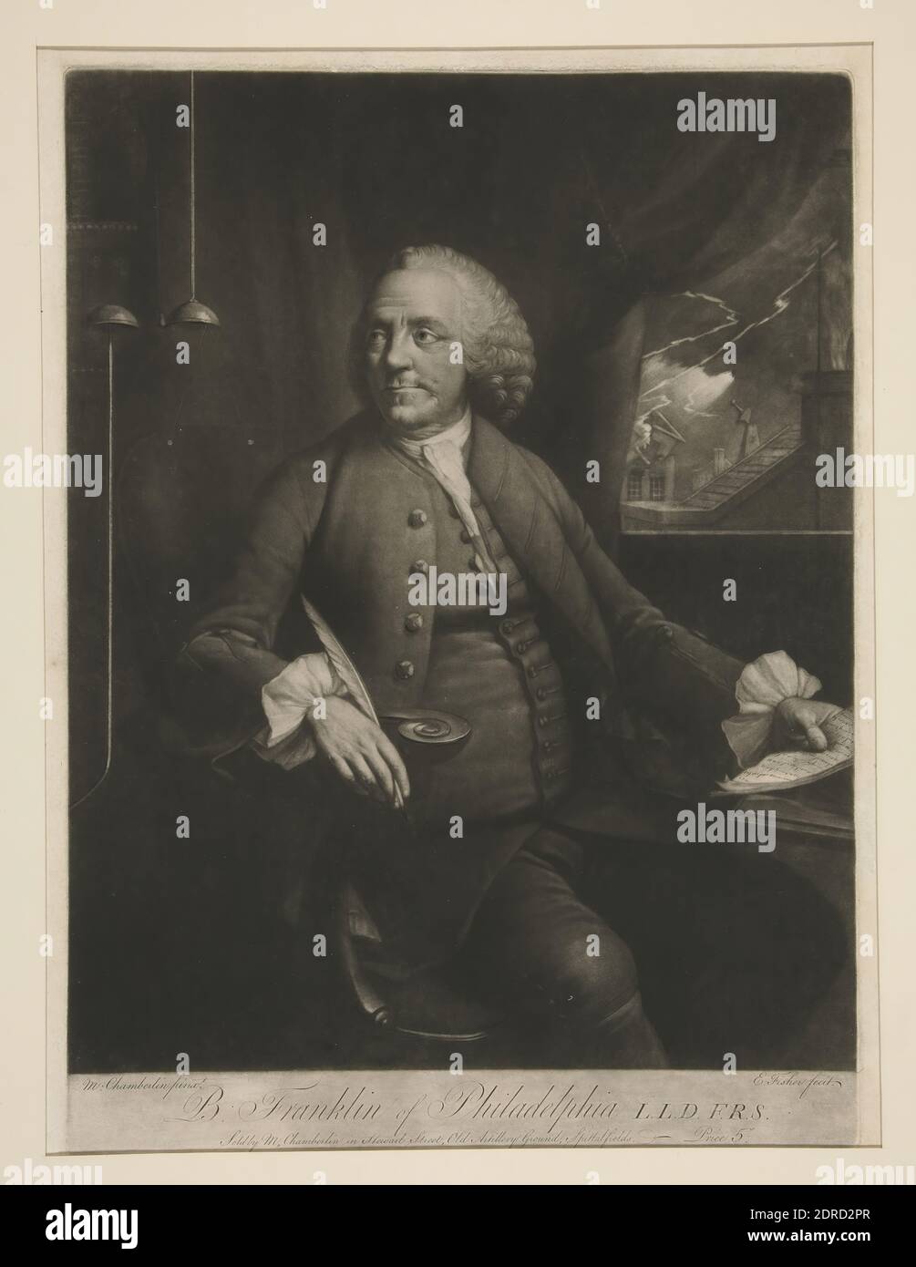 Artist: Edward Fisher, Irish, 1730–after 1781, After: Mason Chamberlin, British, 1727–1787, B. Franklin of Philadelphia, L.L.D., F.R.S., Mezzotint engraving, black and white, second state of three (original issue), sheet: 40 × 30 cm (15 3/4 × 11 13/16 in.), Made in United States, American, 18th century, Works on Paper - Prints Stock Photo