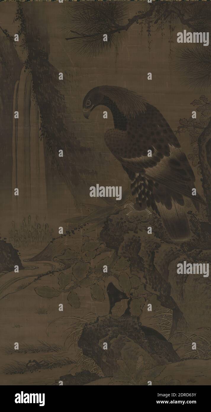 Eagle, Bear, and Waterfall, late 15th–early 16th century, Hanging scroll, ink and color on silk, with mounting: 100 × 42 5/16 in. (254.001 × 107.4 cm), Admired for their martial spirits, eagles and hawks (both ying in Chinese) represent courage and the ability to act swiftly and boldly. In this painting, an eagle in the foreground is shown with a bear (xiong) in the landscape below, creating the rebus for the word hero (or yingxiong). The cascading waterfall at the left, lush vegetation, and red leaves at the right depict the transition from summer to autumn., China, Chinese, Ming dynasty Stock Photo