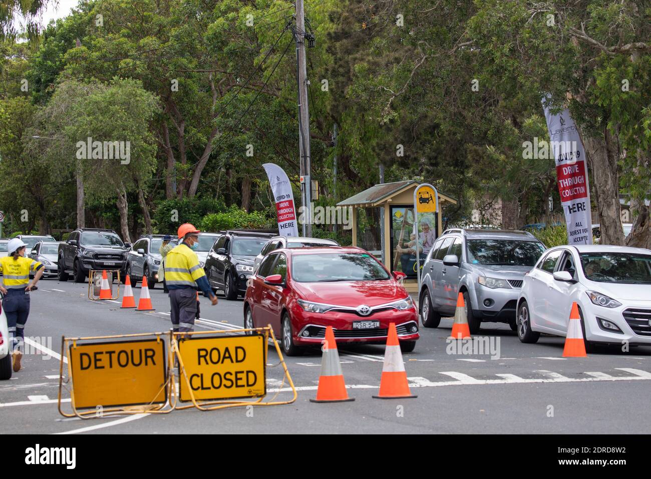 Australian covid 19 drive through testing clinic at Avalon Beach in Sydney following outbreak at the RSL and bowlo club in Avalon in December 2020 Stock Photo