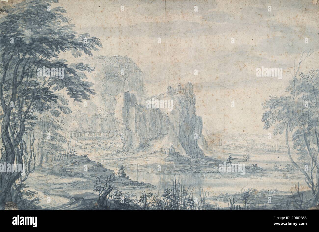 Artist: Roelandt Savery, Dutch, 1576–1639, Artist, possibly by: Jacob Savery II, Flemish, 1545–1602, Landscape with Fisherman and Duck Hunter, Brush and blue ink and blue wash, squared in black chalk, 23.7 × 35.9 cm (9 5/16 × 14 1/8 in.), Made in The Netherlands, Dutch, 17th century, Works on Paper - Drawings and Watercolors Stock Photo