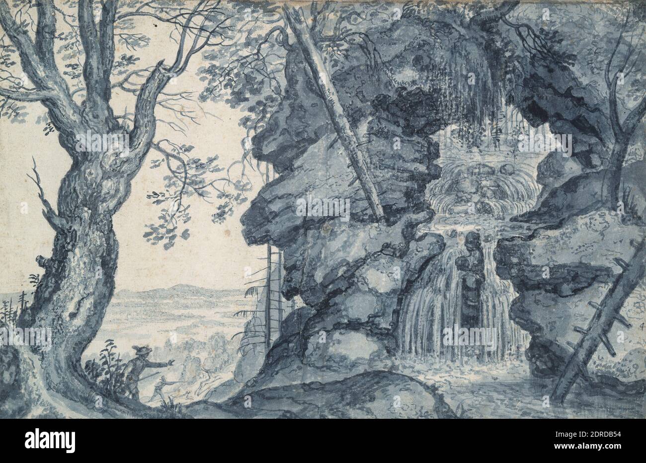 Artist, possibly by: Paul Bril, Flemish, 1554–1626, Artist, formerly attributed to: Roelandt Savery, Dutch, 1576–1639, Artist, formerly attributed to: Jacob Savery II, Flemish, 1545–1602, Rocky Landscape with Waterfall and Hunters, 17th century, Brush and blue ink and blue wash over preliminary drawing in black chalk, sheet: 23.8 × 36.3 cm (9 3/8 × 14 5/16 in.), Made in The Netherlands, Dutch or Flemish, 17th century, Works on Paper - Drawings and Watercolors Stock Photo