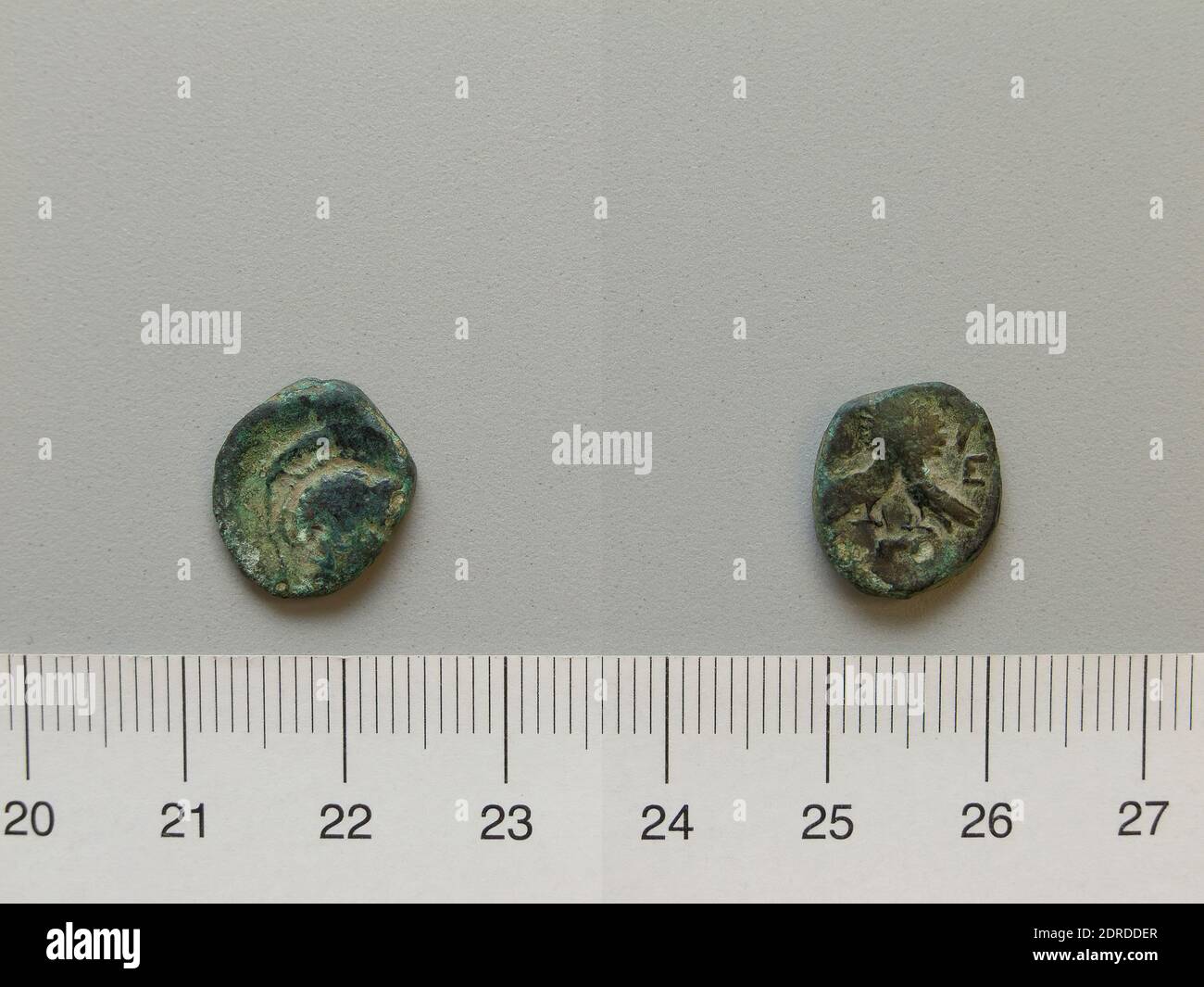 Mint: Clarentza, Coin from Clarentza, 393–200 B.C., Copper, 1.98 g, 12:00, 14.5 mm, Made in Clarentza, Peloponnese, Greek, 4th–3rd century B.C., Numismatics Stock Photo
