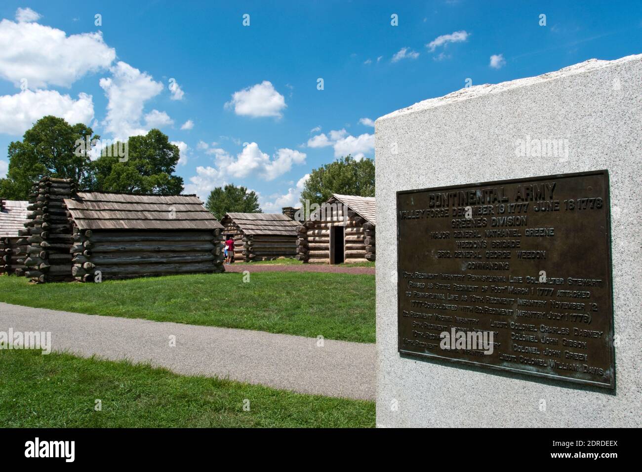 A marker describes which troops camped at this site during the winter encampment of the Continental Army at Valley Forge, now the Valley Forge Nationa Stock Photo