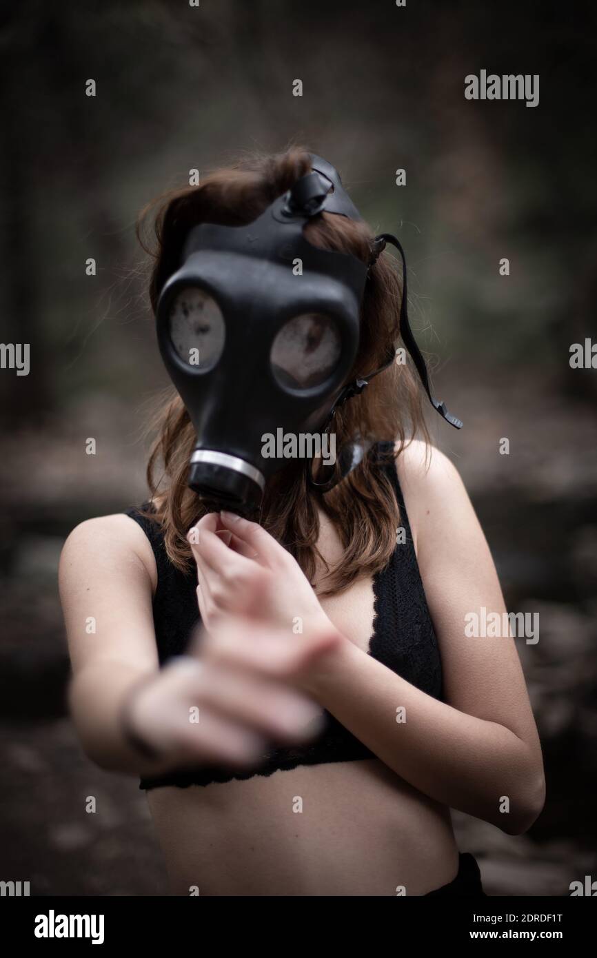 Woman Wearing Gas Mask Stock Photo Alamy