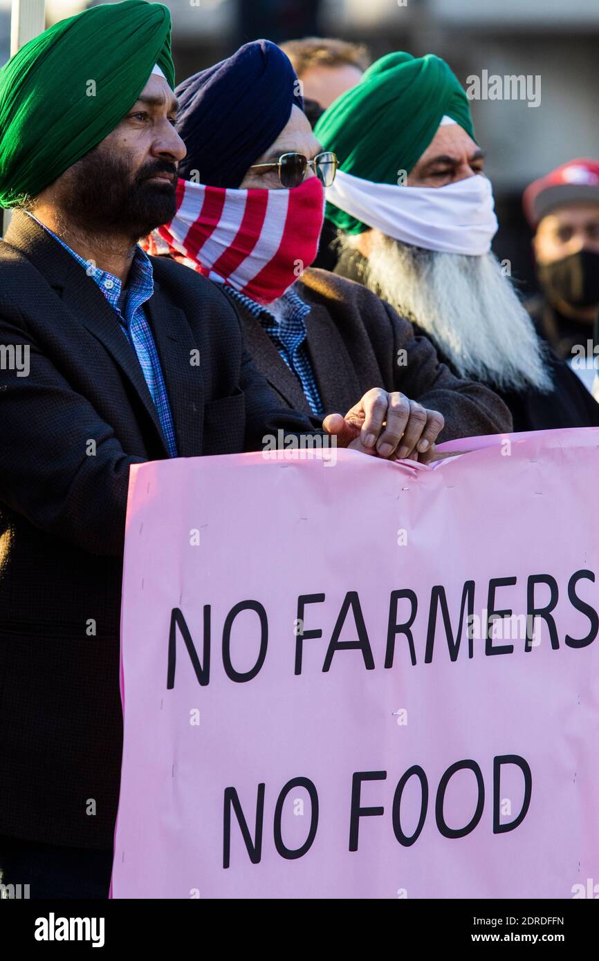 Reno, United States. 20th Dec, 2020. A protester wearing a face mask holds a placard that says No farmers, No food during the demonstration.Indian community gathered in Nevada to voice their solidarity with farmers in India as part of #standwithindianfarmers efforts. Credit: SOPA Images Limited/Alamy Live News Stock Photo