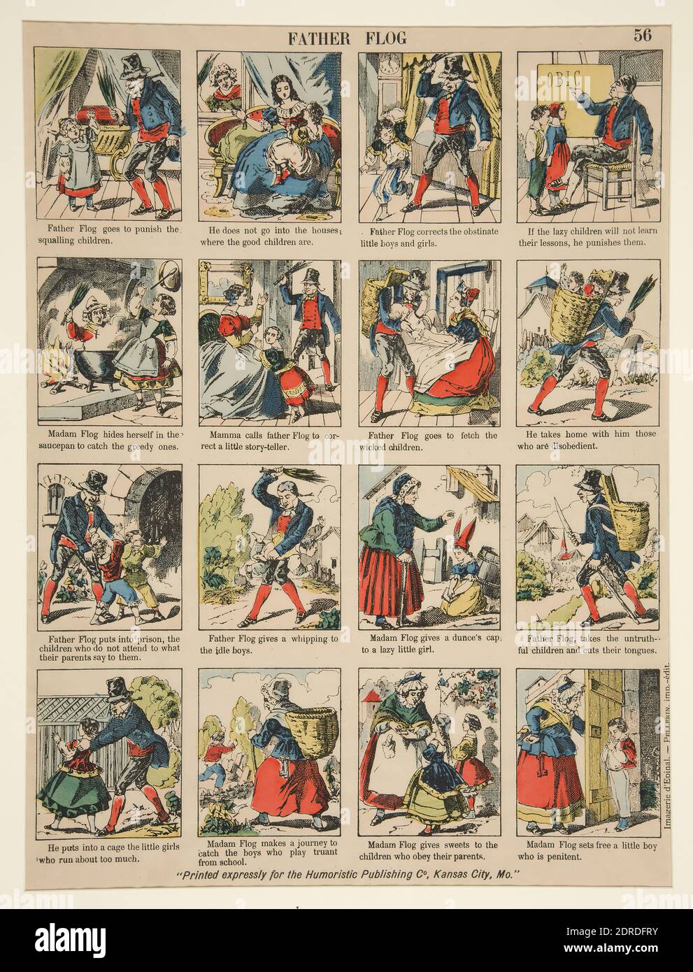 Artist: Imagerie Pellerin, founded 1796, Épinal, France, Father Flog (16 images with inscriptions), Hand-colored wood engraving, Image: 35.6 × 26.6 cm (14 × 10 1/2 in.); Sheet: 39.6 × 30 cm (15 9/16 × 11 13/16 in.), Made in France, French, 19th century, Works on Paper - Prints Stock Photo