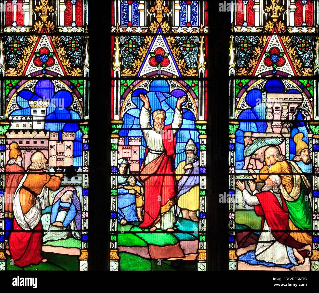 Stained glass window, Jonah preaching, to the people of Nineveh, by Hedgeland, 1858, Ely