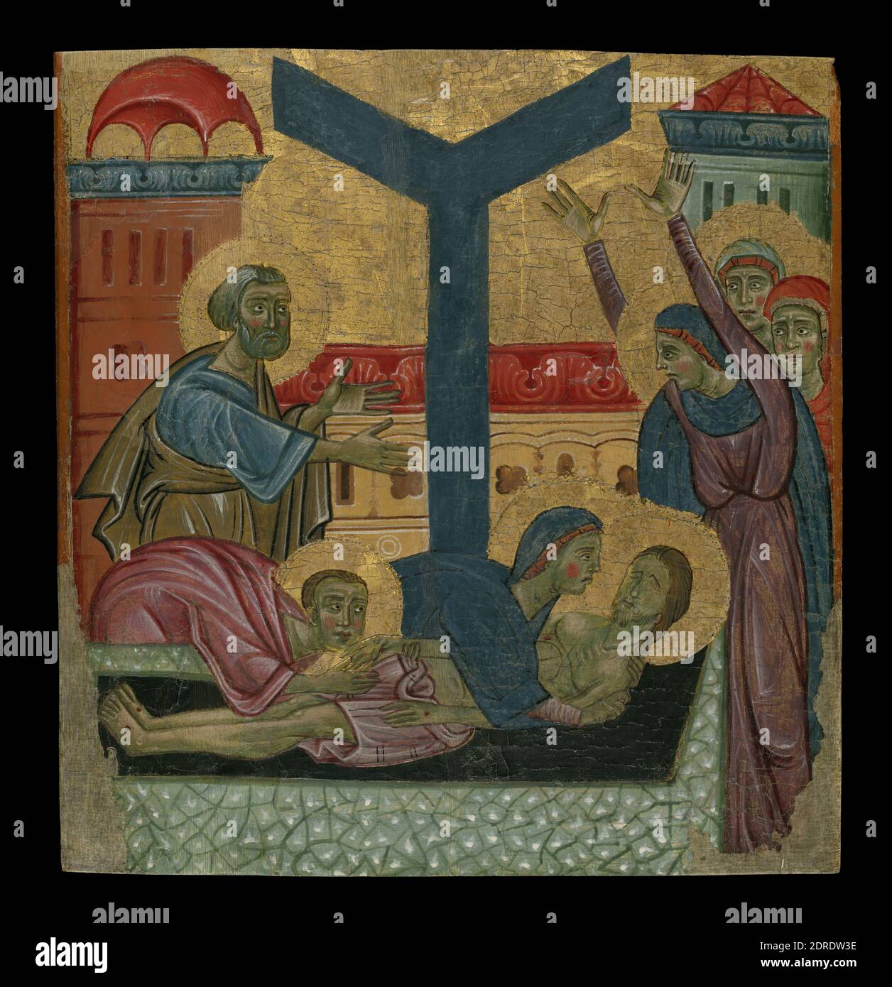 Artist, circle of: Bonaventura Berlinghieri, Italian, Lucca, active 1228–1274, The Lamentation over the Dead Christ, ca. 1230, Tempera on panel, 37.2 × 36 cm (14 5/8 × 14 3/16 in.), On view, Italian, Lucca, 13th century, Paintings Stock Photo