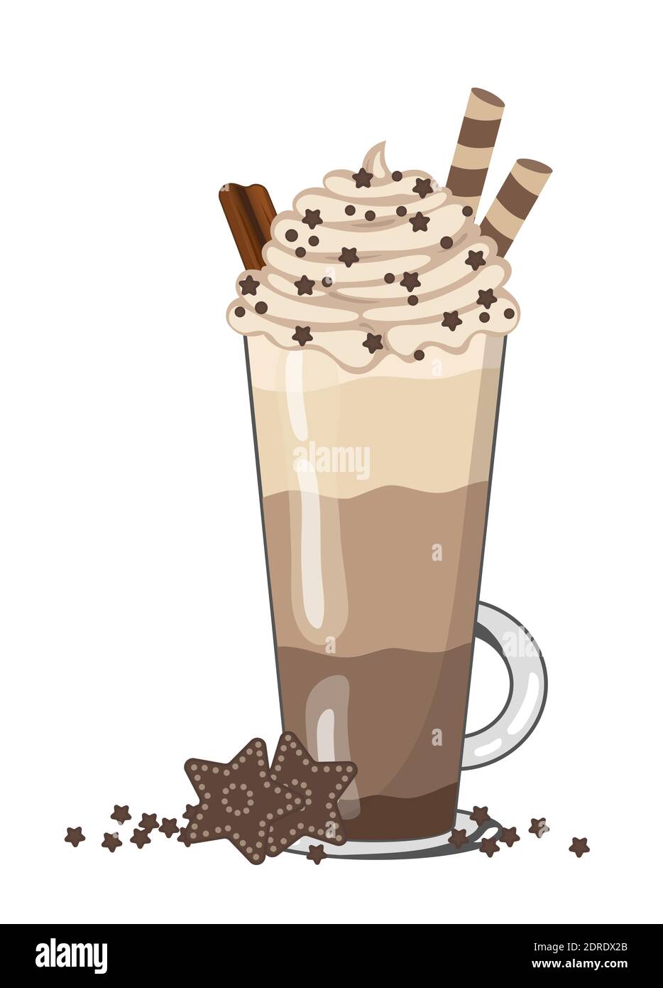 Hot chocolate with whipped cream, cookies and gingerbread. Winter and autumn time drink dessert. Christmas warm beverage. Vector illustration in flat Stock Vector