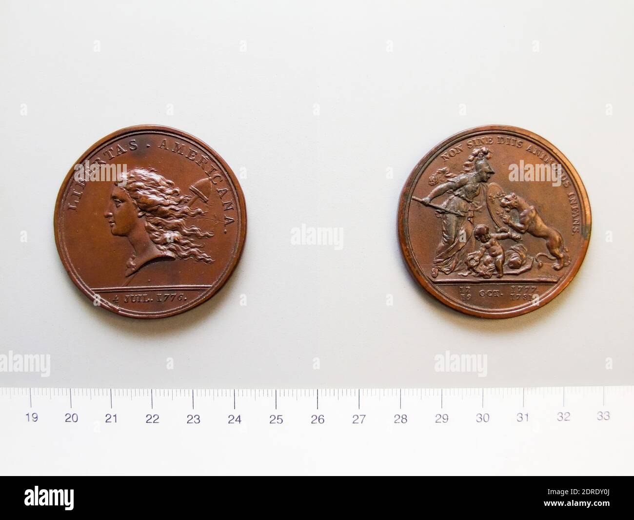 Mint: Paris, Artist: Augustin Dupré, French, 1748–1833, Copper Libertas Americana Medal, Copper, 56.27 g, 12:00, 48 mm, Made in Paris, France, American, 18th century, Numismatics Stock Photo