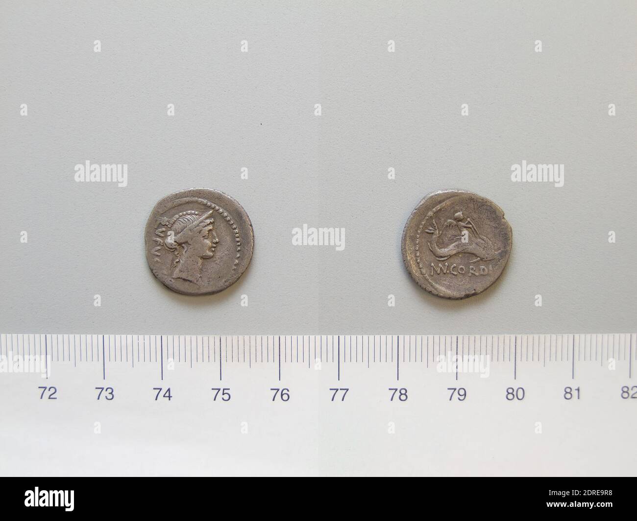 Mint: Rome, Magistrate: M’. Cordius Rufus, Denarius from Rome, 46 B.C., Silver, 3.73 g, 3:00, 19 mm, Made in Rome, Roman, 1st century B.C., Numismatics Stock Photo